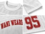 Close-up of mesh fabric, ribbed collar, and sublimated print on custom football jersey