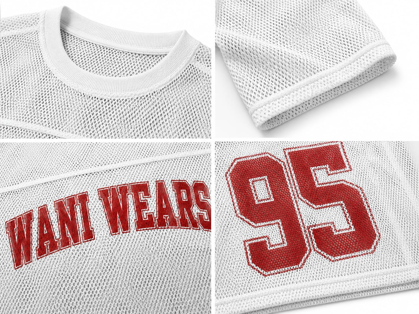 Close-up of mesh fabric, ribbed collar, and sublimated print on custom football jersey