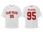 White and red custom mesh football jersey with sublimated logo and number 95
