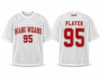 White and red custom mesh football jersey with sublimated logo and number 95