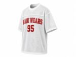 Flat lay of white mesh football jersey with red sublimated branding