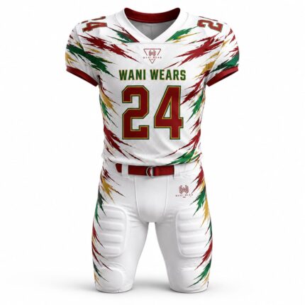 Close-up of Wani Wears custom football jersey with breathable perforated fabric, team branding, player number 24, and sublimated graphics