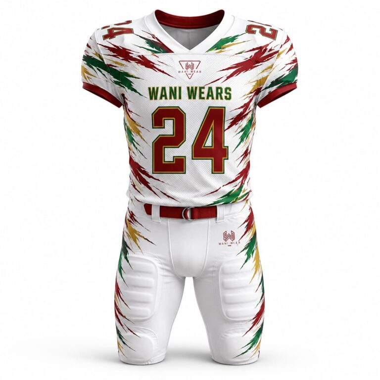 Close-up of Wani Wears custom football jersey with breathable perforated fabric, team branding, player number 24, and sublimated graphics