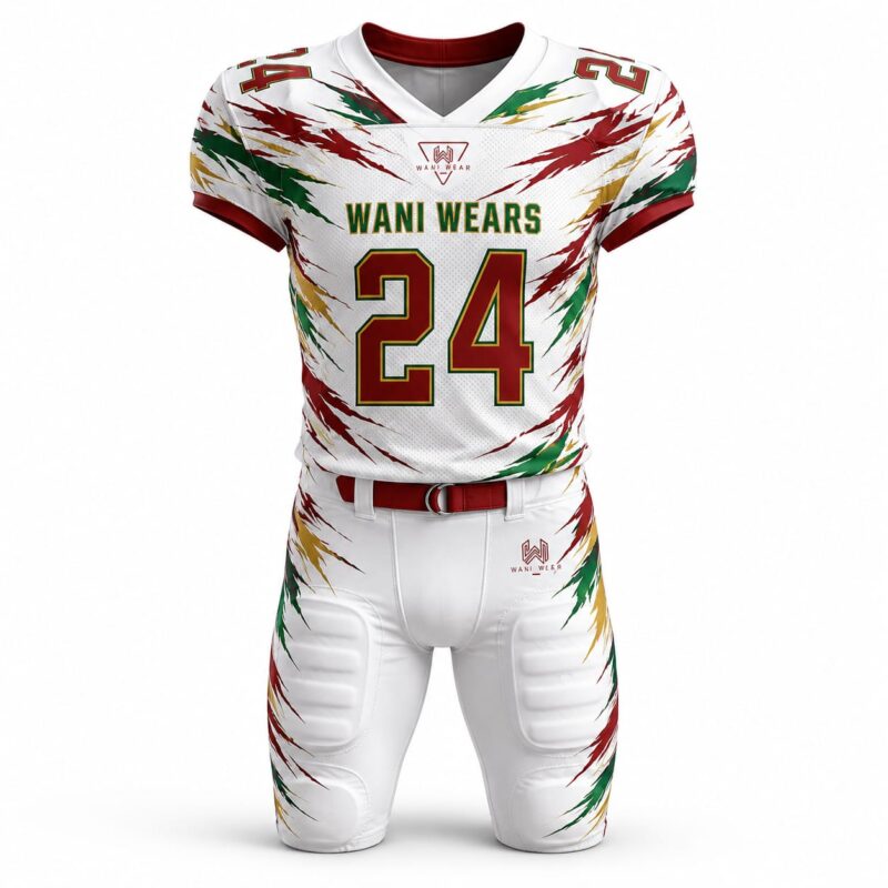 Close-up of Wani Wears custom football jersey with breathable perforated fabric, team branding, player number 24, and sublimated graphics