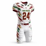 Front view of a white custom American football uniform with red, green, and gold sublimation graphics, number 24, jersey, and padded pants
