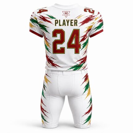 Back view of a custom American football uniform with player name, number 24, team logo, sublimated jersey, and matching football pants