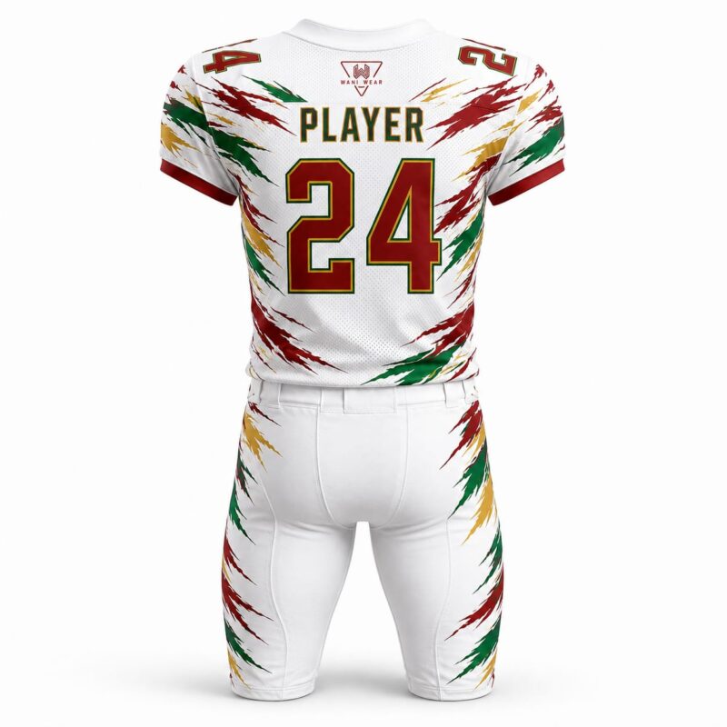 Back view of a custom American football uniform with player name, number 24, team logo, sublimated jersey, and matching football pants
