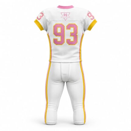 Back view of white, pink, and gold custom American football uniform with sublimated number 93 and WANI WEARS logo