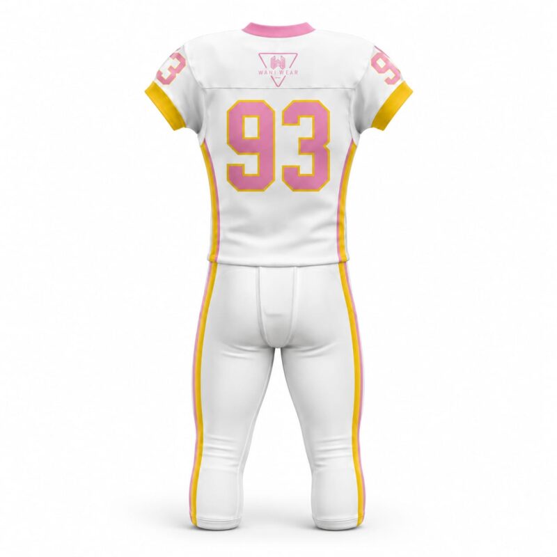 Back view of white, pink, and gold custom American football uniform with sublimated number 93 and WANI WEARS logo