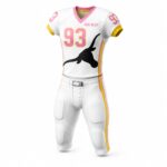 Front angled view of custom American football uniform with pink and gold trim, number 93, and black longhorn team logo