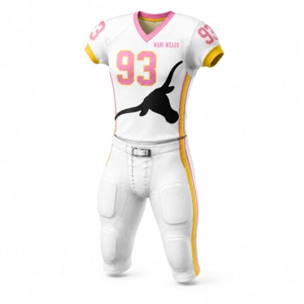 Front angled view of custom American football uniform with pink and gold trim, number 93, and black longhorn team logo