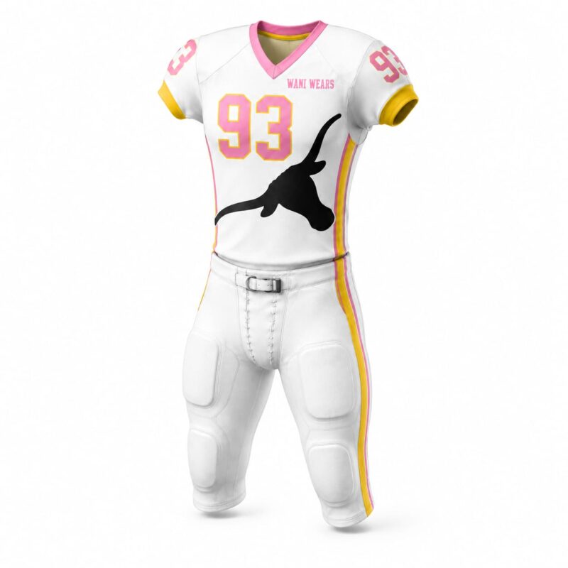 Front angled view of custom American football uniform with pink and gold trim, number 93, and black longhorn team logo