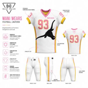 Wani Wear American football uniform infographic showing front view, back view, and padded pants with feature callouts for fabric, stitching, and fit