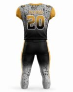 Rear view of custom American football uniform showing player number 20, sublimated pattern, and durable matching athletic pants.
