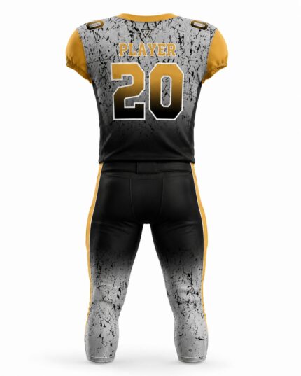 Rear view of custom American football uniform showing player number 20, sublimated pattern, and durable matching athletic pants.