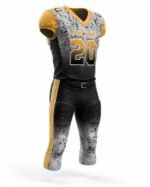 Side angle view of custom American football uniform highlighting shoulder design, side stripes, and integrated padding.