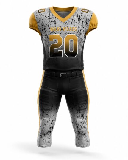 Custom American football uniform front view featuring black and grey sublimated jersey with gold accents and matching padded pants by Wani Wears.