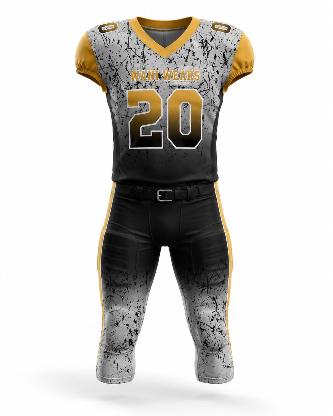 Custom American Football Uniform Front View Custom American football uniform front view featuring black and grey sublimated jersey with gold accents and matching padded pants by Wani Wears.