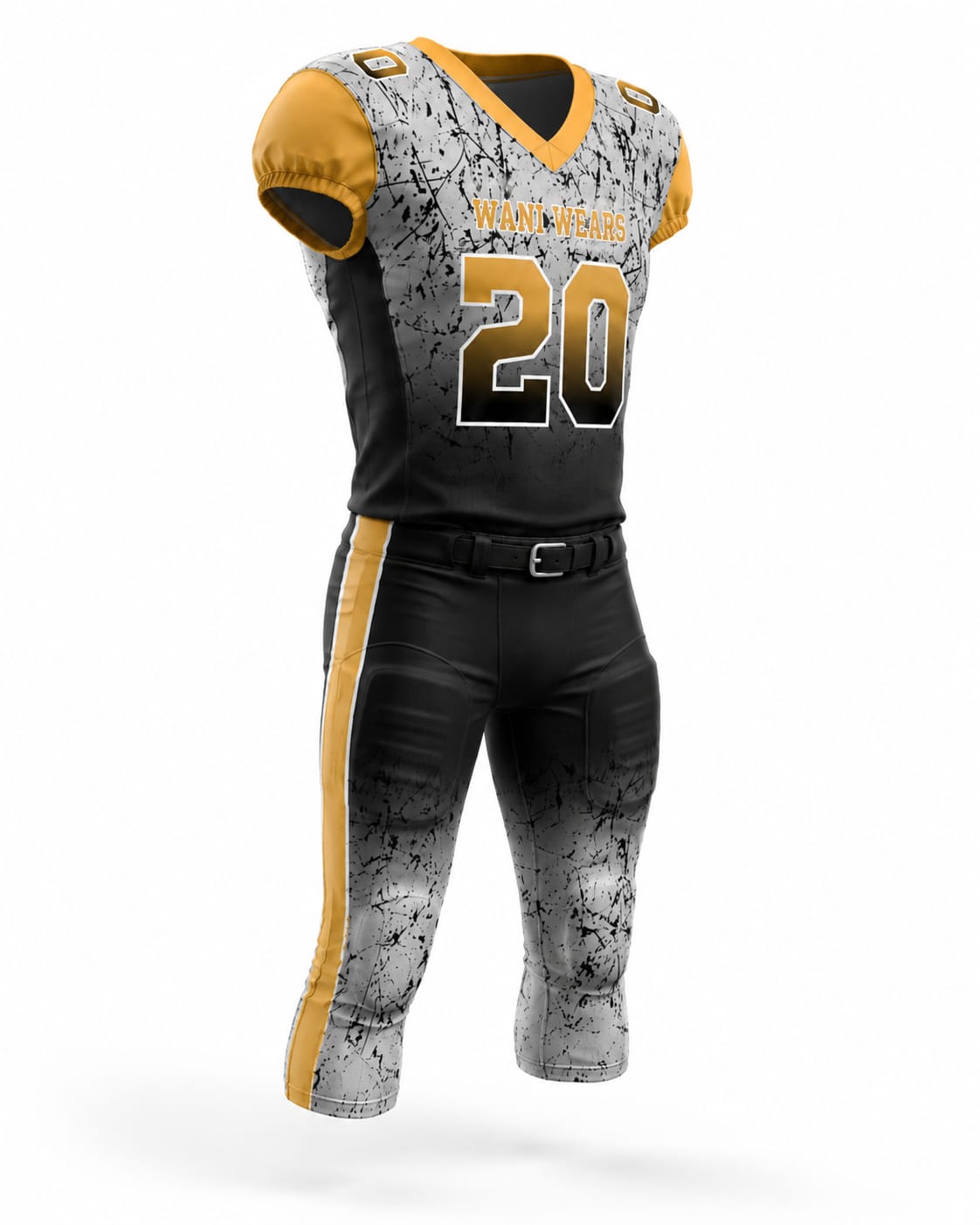 Side Angle Custom American Football Uniform Side angle view of custom American football uniform highlighting shoulder design, side stripes, and integrated padding.