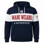 Custom navy and white lacrosse hoodie with red Wani Wears branding and sleeve crest