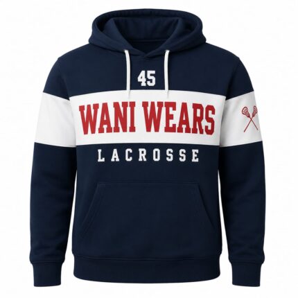 Custom navy and white lacrosse hoodie with red Wani Wears branding and sleeve crest