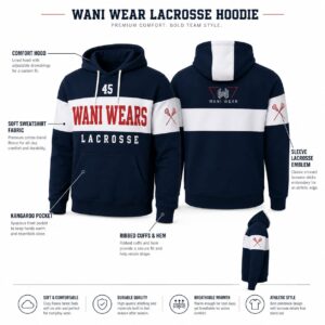 Wani Wear lacrosse hoodie product spec sheet showing hood, pocket, cuffs, and sleeve emblem