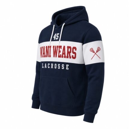 Front flat lay of custom navy lacrosse hoodie with red Wani Wears text and number 45