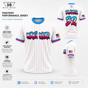Custom pinstripe baseball jersey detail shots — graffiti logo print, USA flag sleeve patch, player number, and ribbed collar