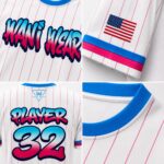 Custom pinstripe baseball jersey detail shots — graffiti logo print, USA flag sleeve patch, player number, and ribbed collar
