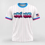 White pinstripe baseball jersey front view with custom Wani Wear graffiti logo print