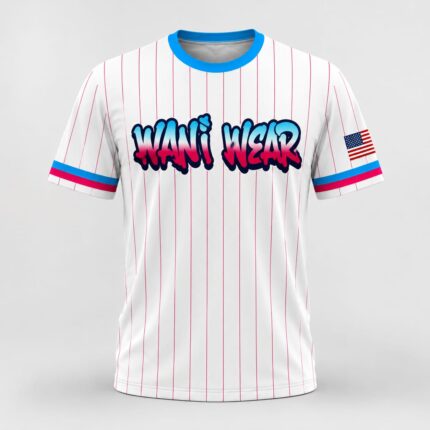 White pinstripe baseball jersey front view with custom Wani Wear graffiti logo print