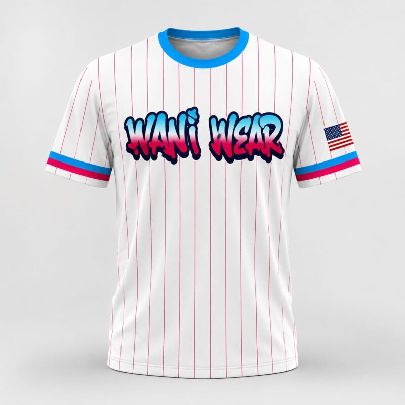 White pinstripe baseball jersey front view with custom Wani Wear graffiti logo print
