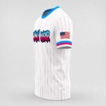 Custom baseball jersey side view showing fit, sleeve trim, and USA flag patch Custom baseball jersey side view showing fit, sleeve trim, and USA flag patch