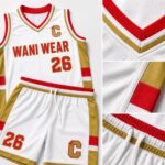 Close-up product detail graphic of a custom white basketball jersey and shorts featuring breathable mesh fabric, reinforced stitching, embroidered logo, V-neck collar, elastic waistband, and premium sportswear construction by Wani Wear.