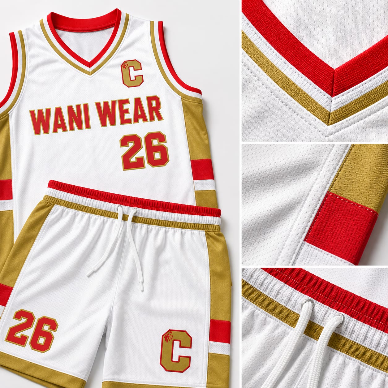 Close-up product detail graphic of a custom white basketball jersey and shorts featuring breathable mesh fabric, reinforced stitching, embroidered logo, V-neck collar, elastic waistband, and premium sportswear construction by Wani Wear.