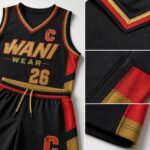 Product feature infographic of a custom black basketball uniform showcasing breathable mesh fabric, reinforced stitching, premium V-neck collar, elastic waistband, side panels, moisture-wicking material, OEM private label customization, and professional sportswear quality by Wani Wear.