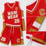 Product feature infographic of a custom red basketball jersey and shorts highlighting breathable mesh fabric, reinforced stitching, V-neck collar, elastic waistband, moisture-wicking polyester, premium craftsmanship, OEM private label customization, and professional basketball team apparel by Wani Wear.
