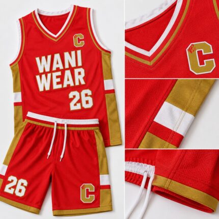 Product feature infographic of a custom red basketball jersey and shorts highlighting breathable mesh fabric, reinforced stitching, V-neck collar, elastic waistband, moisture-wicking polyester, premium craftsmanship, OEM private label customization, and professional basketball team apparel by Wani Wear.