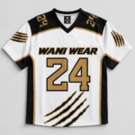 : Custom lacrosse jersey front view white black gold sublimated design with claw graphic