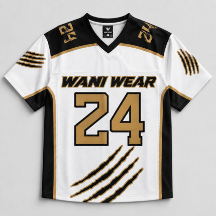 : Custom lacrosse jersey front view white black gold sublimated design with claw graphic