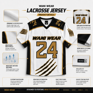 Lacrosse jersey product details infographic showing fabric mesh stitching and customization features