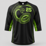 Black and neon green custom lacrosse jersey front view with cobra design and number 25