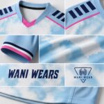 Custom sublimated soccer jersey fabric stitching and V-neck details