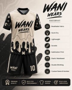 Front view of black and cream custom soccer uniform kit with Wani Wears logo and number 10 shorts