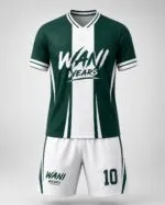 Custom soccer uniform green and white jersey shorts front view