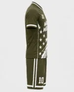Custom soccer uniform side view olive green jersey and shorts