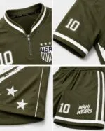 Custom soccer uniform side view olive green jersey and shorts