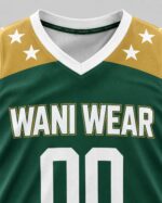 Close-up of V-neck collar and team name print on custom basketball jersey – Wani Wear