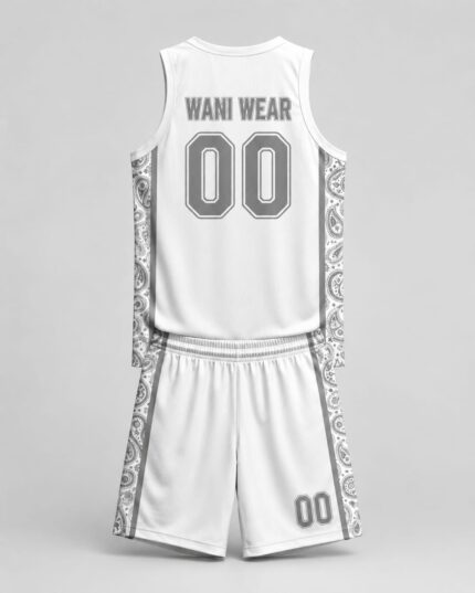 Custom white and grey paisley basketball uniform set, back view with team name and number – Wani Wear