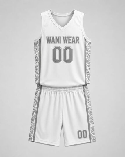 Custom white and grey paisley V-neck basketball jersey and shorts set, front view – Wani Wear